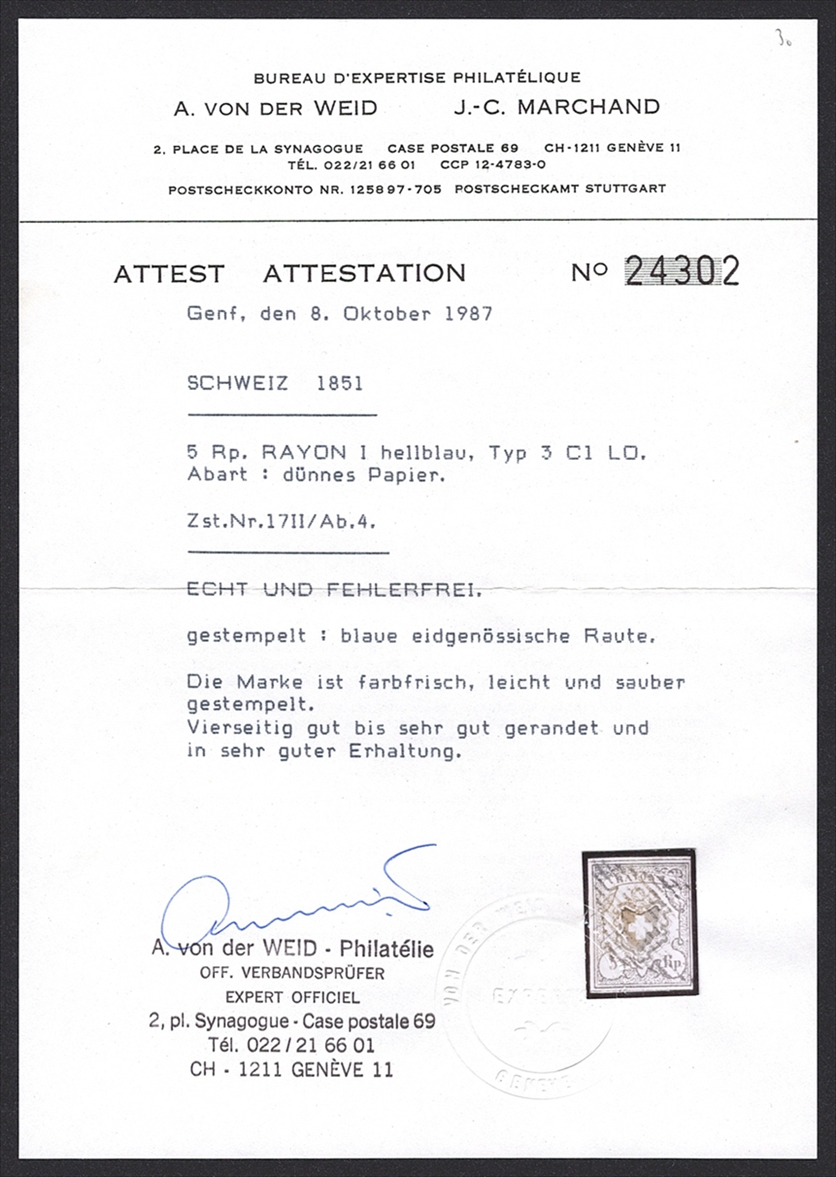 Schweiz, Altschweiz, Rayon l, Nr.17ll/Ab.4, Typ 3/C1-LO, vollrandige Marke, blaue Raute, Abart dünnes Papier – Bild 2