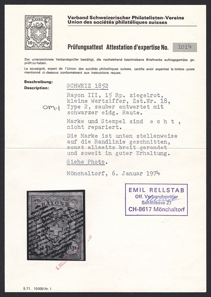 Schweiz, Altschweiz, Rayon lll, Kleine Wertziffer, Nr.18, Typ 2/OM-I, knapp/vollrandige Marke, schwarze Raute – Bild 2