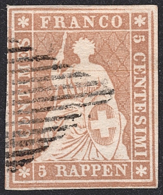 Schweiz, Altschweiz, Sitzende Helvetia ungezähnt, Strubel, Nr.22C, 5Rp.braun, vollrandig, saubere schwarze Raute