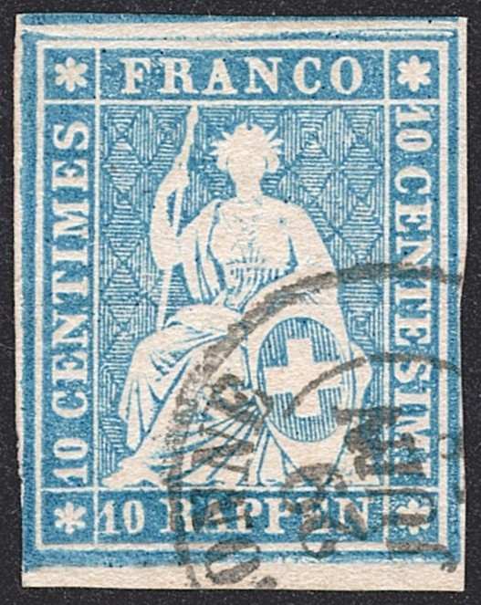 Schweiz, Altschweiz, Sitzende Helvetia ungezähnt, Strubel, Nr.23Ca, 10Rp.hellgrünlichblaun, vollrandig mit unterem Bogenrand, AUBONNE