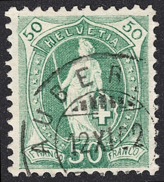 Schweiz, Altschweiz, Stehende Helvetia, Nr.74E, 50Rp.grün, Eckstempel