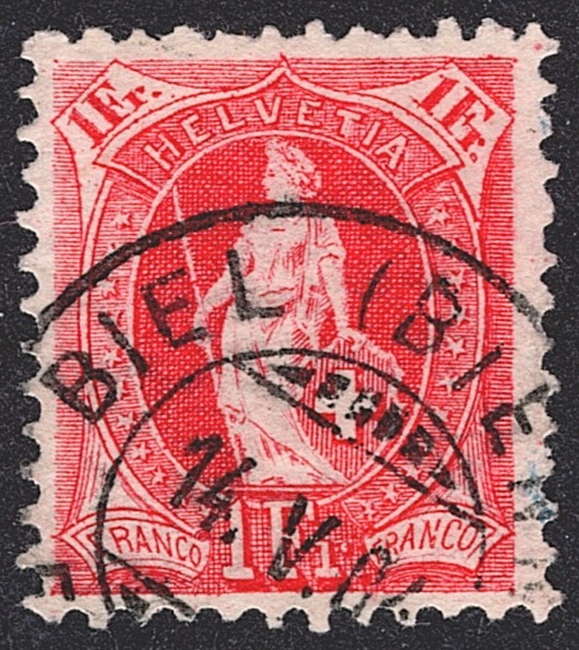 Schweiz, Altschweiz, Stehende Helvetia, Nr.75E, 1Fr.karmin, BIEL (BIENNE)