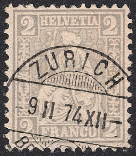 Schweiz, Sitzende Helvetia, Nr.28, 2Rp.grau, ZÜRICH