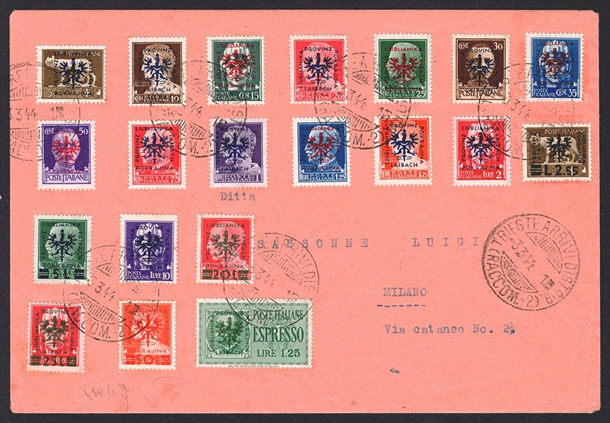 Italienische Frei-/Eilmarken mit Aufdruck "Provinz Laibach" - Mi. Nr. 1 bis 20 auf Brief nach Italien - FÄLSCHUNG