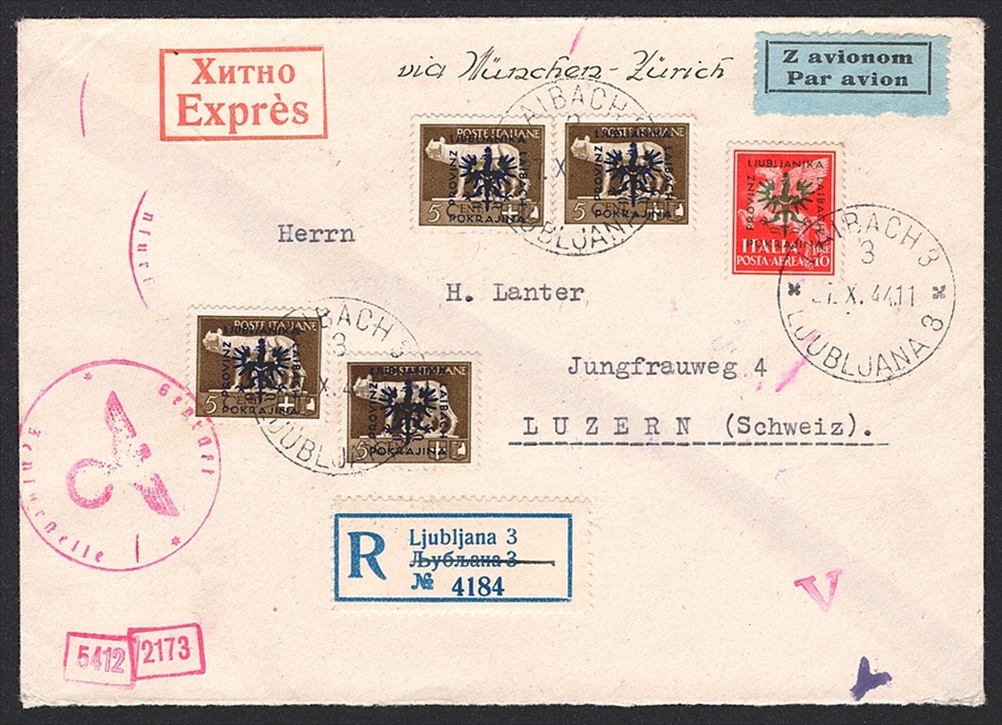 Italienische Frei-/Flugpostmarken mit Aufdruck "Provinz Laibach" - Mi. Nr. 1 (4 Stück) und 27 auf Expressbrief in die Schweiz - Zensur