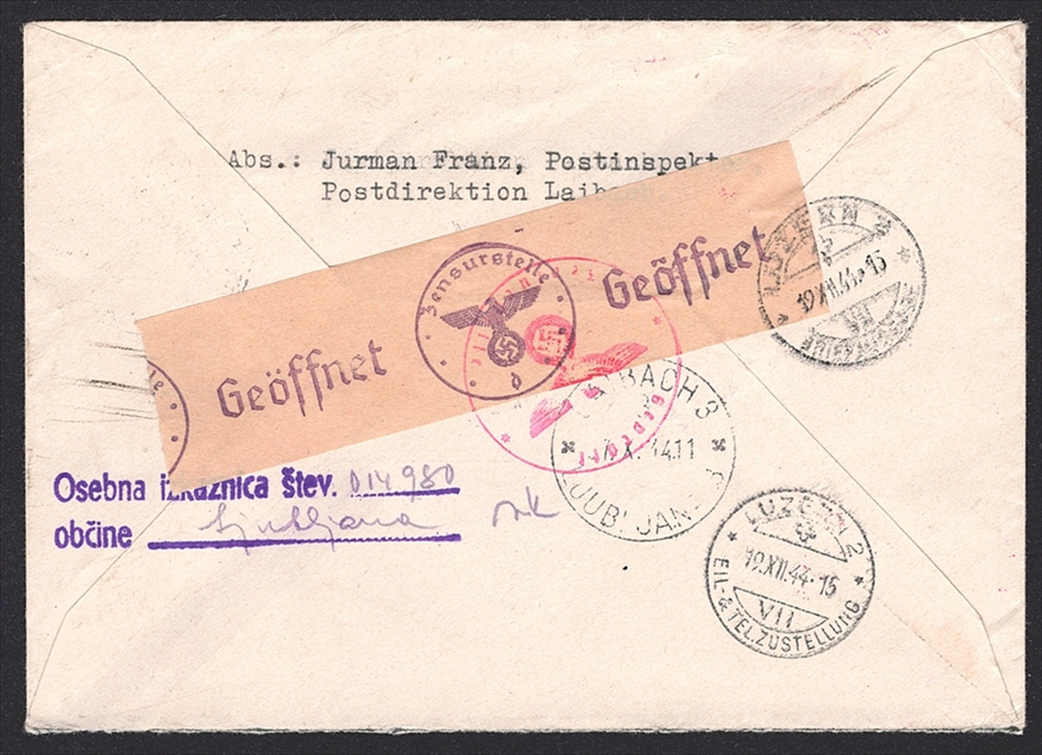Italienische Frei-/Flugpostmarken mit Aufdruck "Provinz Laibach" - Mi. Nr. 1 (4 Stück) und 27 auf Expressbrief in die Schweiz - Zensur – Bild 2