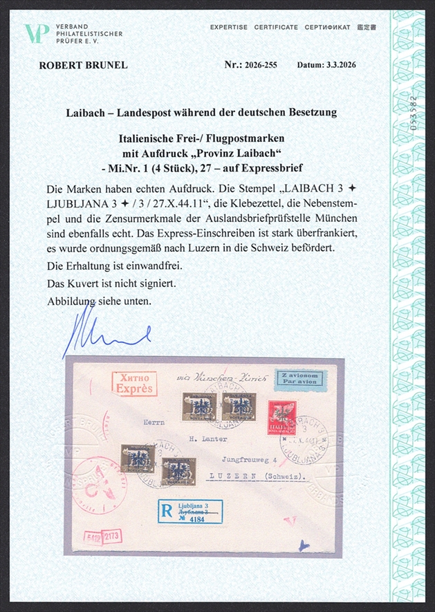 Italienische Frei-/Flugpostmarken mit Aufdruck "Provinz Laibach" - Mi. Nr. 1 (4 Stück) und 27 auf Expressbrief in die Schweiz - Zensur – Bild 3