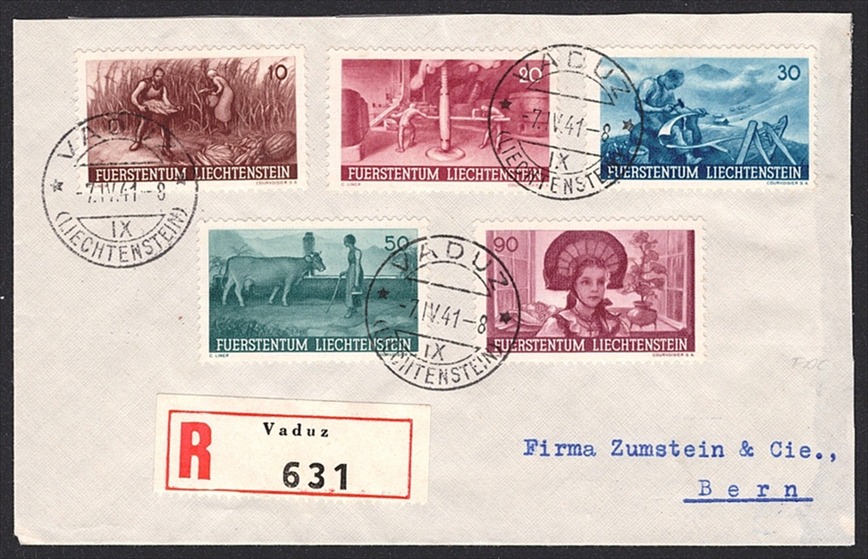 Liechtenstein , FDC, 1941, Anbauschlacht, Nr.157-161, R-FDC