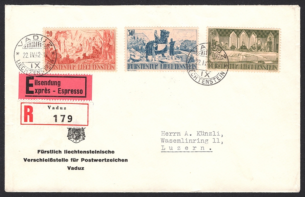 Liechtenstein , FDC, 1942, 600 Jahr Feier, Nr.166-170, auf 2 FDC – Bild 2