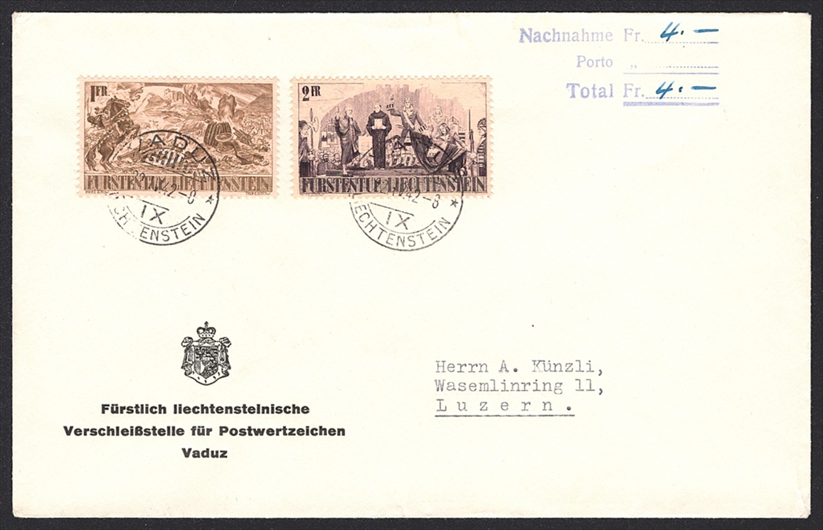 Liechtenstein , FDC, 1942, 600 Jahr Feier, Nr.166-170, auf 2 FDC – Bild 4
