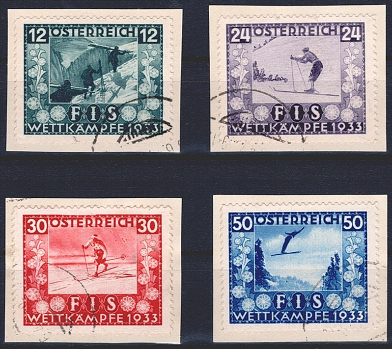 Österreich 1933 Serie ANK Nr. 551 bis 554 "FIS Wettkämpfe" auf kleinen Briefstücken