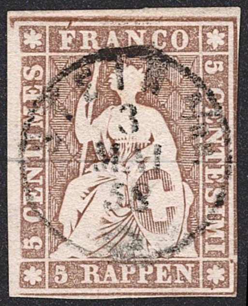 Schweiz, Altschweiz, Sitzende Helvetia ungezähnt, Strubel, Nr.22D, 5Rp.braun, knapp/vollrandig, Fingerhut STEIN A/RH
