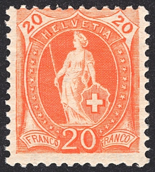 Schweiz, Altschweiz, Stehende Helvetia, Nr.86C, 20Rp.rötlichorange
