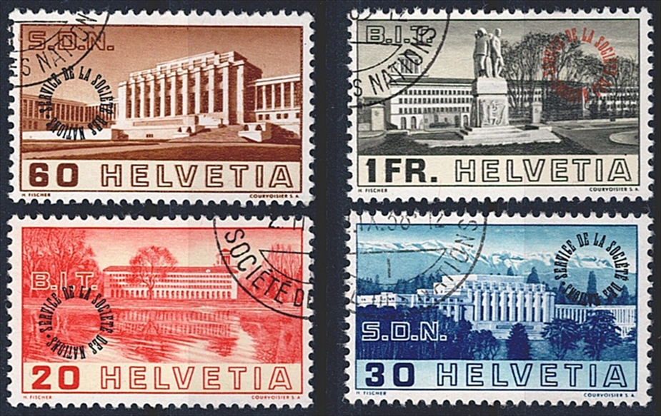 Schweiz, Ämter, BIT, Nr.53-56, Völkerbund-Gebäude, komplette Serie, Eckstempel