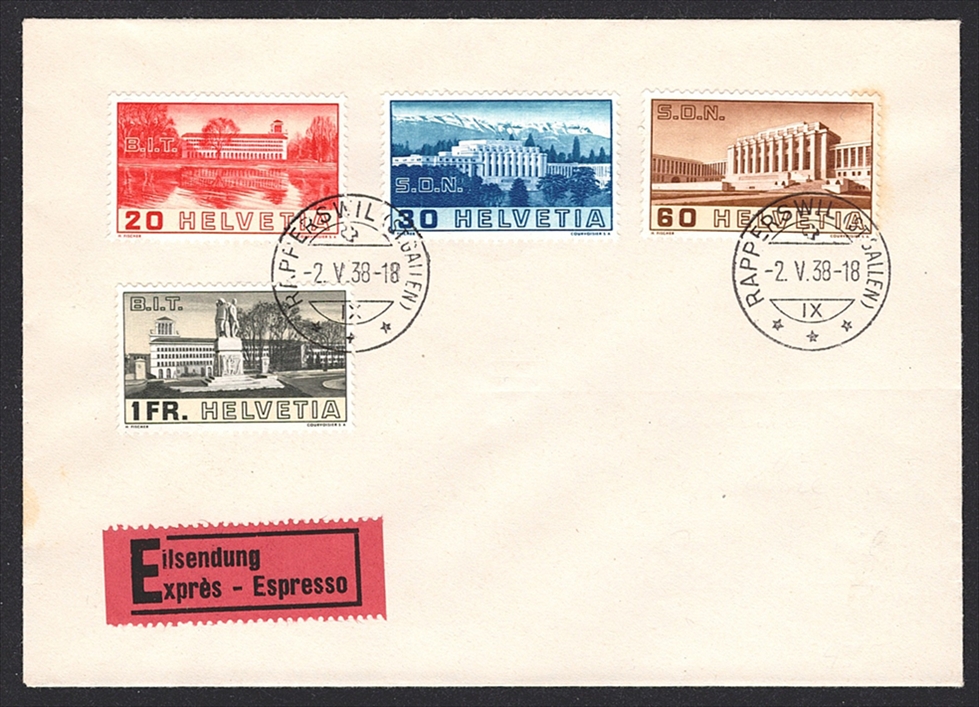 Schweiz, FDC, Freimarken, UNO-Gebäude, Nr.211-214, unadressierter FDC, minime bräunung