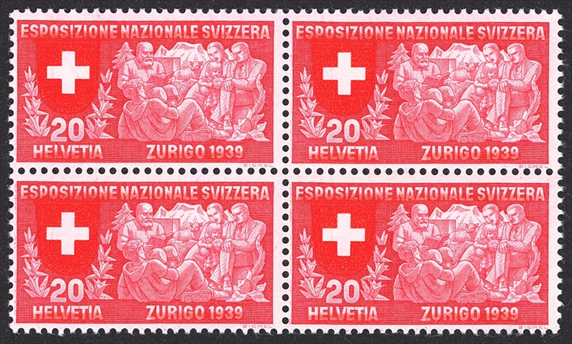 Schweiz, Freimarken, Landi italienisch, Nr.226, 20Rp. karmin/zinnober, im Viererblock