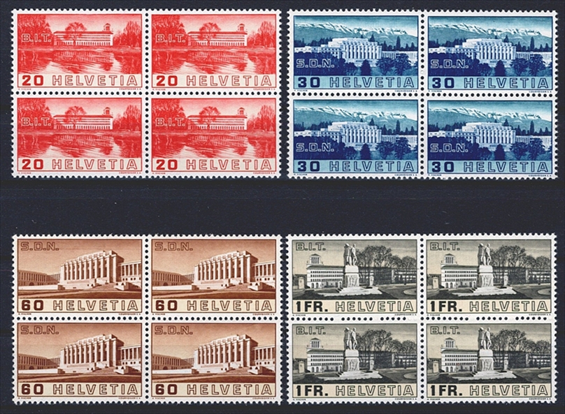 Schweiz, Freimarken, Völkerbund, Nr.211-214, im Viererblock