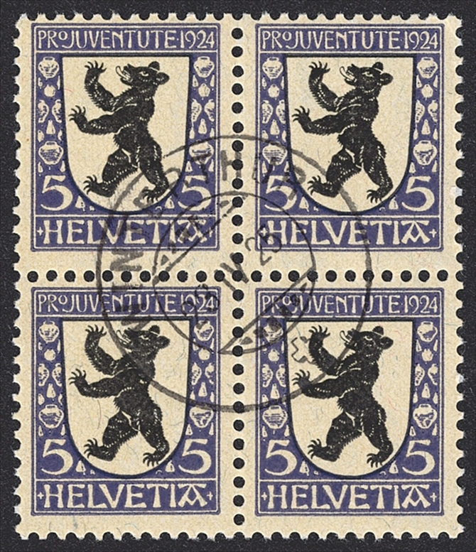 Schweiz, Pro Juventute, Kantonswappen, Nr.29, im Viererblock, gestempelt WINTERTHUR