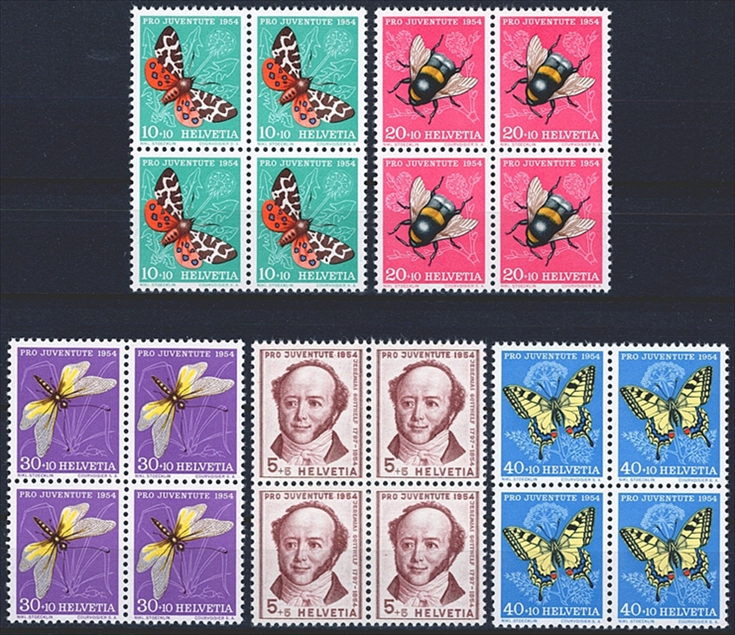 Schweiz, Pro Juventute, Nr.143-147, Insekten und J.Gotthelf, komplette Serie, im Viererblock