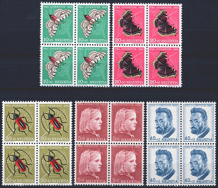 Schweiz, Pro Juventute, Nr.148-152, Insekten, Bildnis F.Hodler, komplette Serie, im Viererblock
