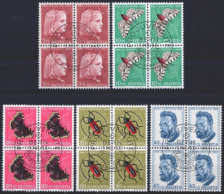 Schweiz, Pro Juventute, Nr.148-152, im Viererblock, offiz. ET-Stempel