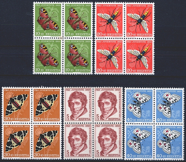 Schweiz, Pro Juventute, Nr.158-162, Insekten und Bildnis, komplette Serie, im Viererblock