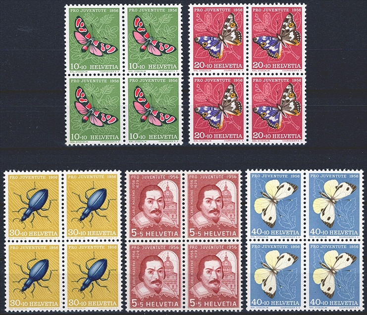 Schweiz, Pro Juventute, Nr.163-167, Insekten und Bildnis, komplette Serie, im Viererblock