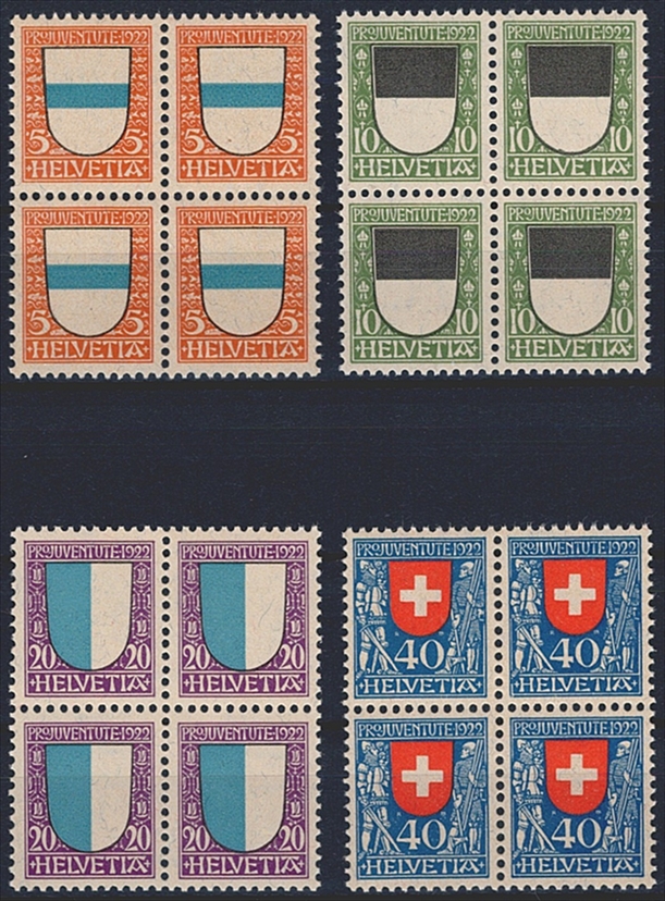 Schweiz, Pro Juventute, Nr.21-24, Wappen, komplette Serie, im Viererblock