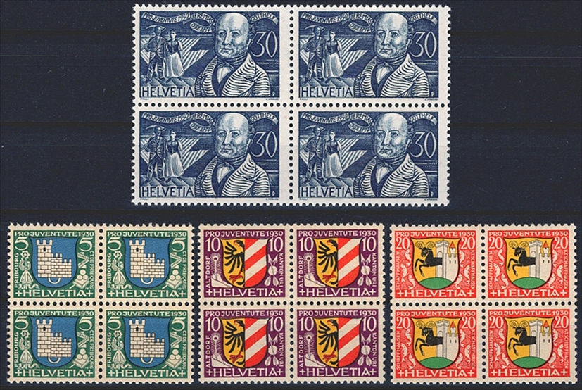 Schweiz, Pro Juventute, Nr.45-48, Wappen und J.Gotthelf, komplette Serie, im Viererblock