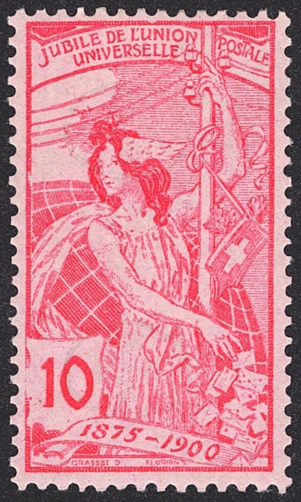 Schweiz, UPU 1900, Nr.78B, 10Rp.analinrosa, Zweite Platte, nur minimer Haftpunkt, **/*