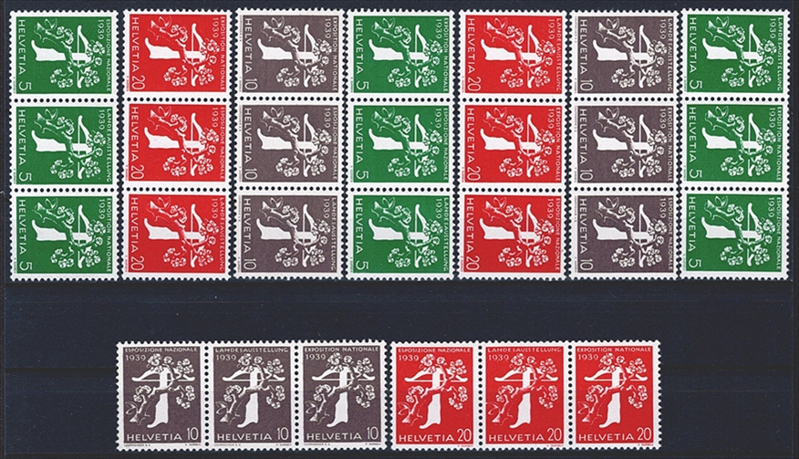Schweiz, Zusammendrucke, Nr.Z25a-27c, Landi, waagrechte 3er-Streifen, komplette Serie, teils mit Kontroll-Nummer
