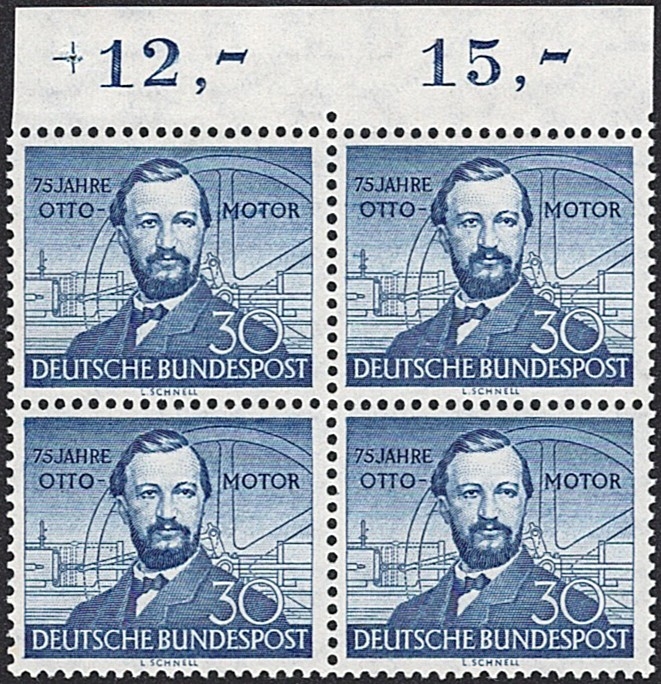 Deutschland, BRD, Nr.150, Nikolaus Otto, im Viererblock mit oberem Bogenrand