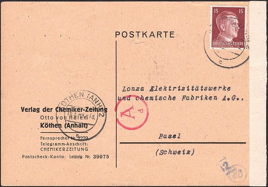 Deutschland, Deutsches Reich, Nr.789 auf zensurierter Postkarte nach Basel, KÖTHEN