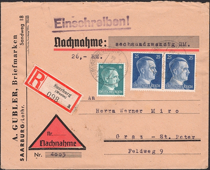 Deutschland, Deutsches Reich, Nr.790/793 auf eingeschriebener Nachnahme nach Graz, SAARBURG
