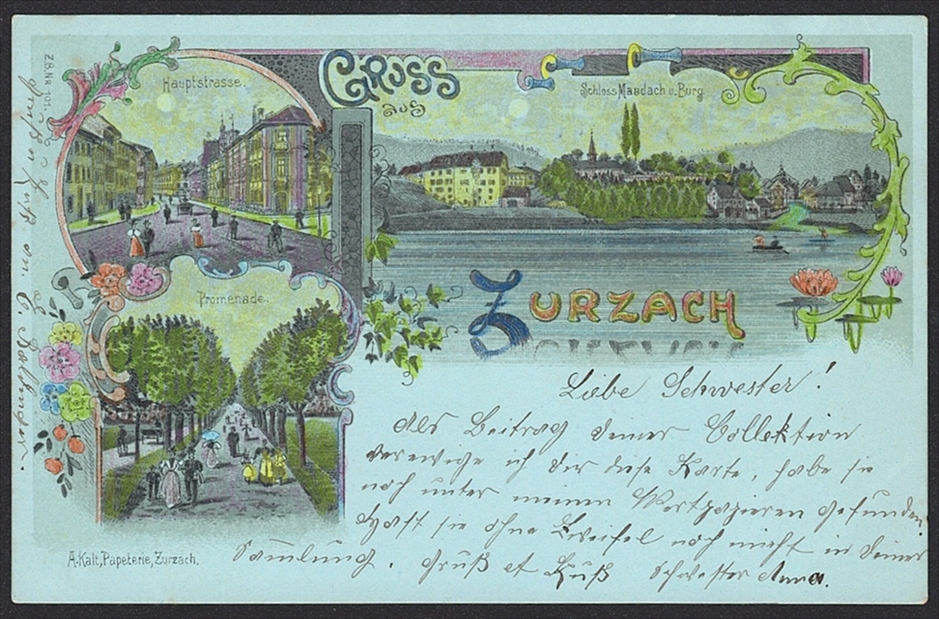 Lithographien, Schweiz, Gruss aus ZURZACH, 3 Bilder, Farblitho, nachcoleriert, um 1900