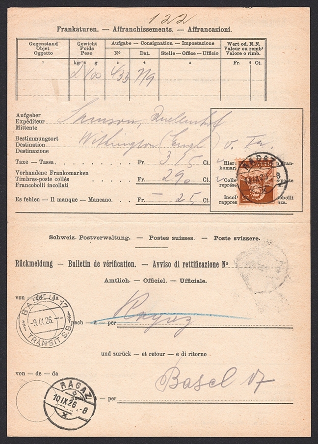 Schweiz, Frankaturen, Rückmeldung, frankiert mit Nr.175, RAGAZ