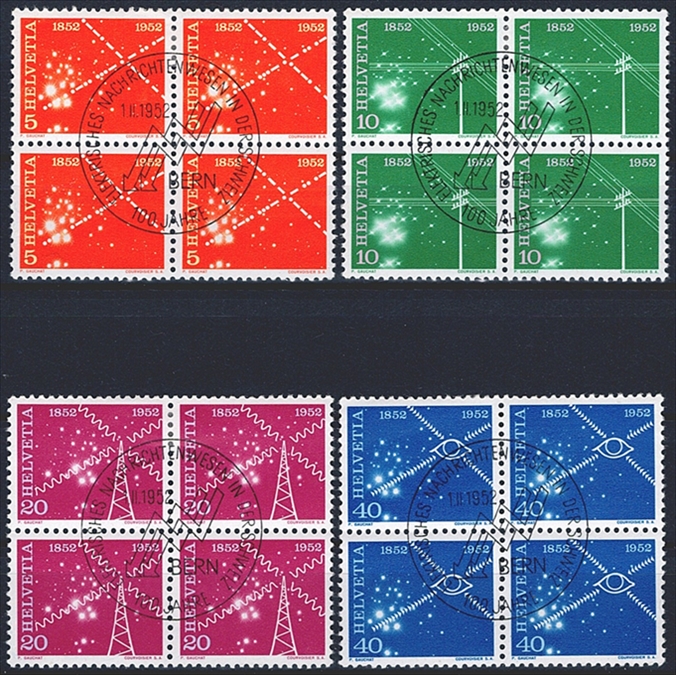 Schweiz, Freimarken, 100 Jahre Nachrichtenwesen, Nr. 309-312, im Viererblock, Sonder-ET-Stempel