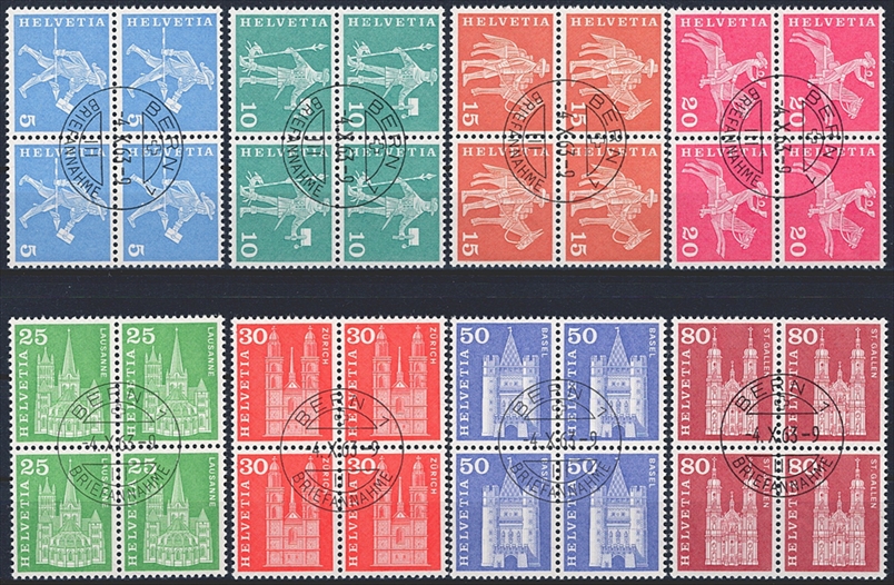 Schweiz, Freimarken, Dauermarken mit Leuchtstoff, Nr. 355L-360L+ (8 Werte), im Viererblock, ET-Stempel BERN