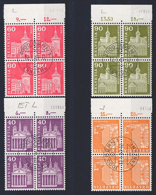 Schweiz, Freimarken, Dauermarken mit Leuchtstoff, Nr. 362L+ (4 Werte), im Viererblock, ET-Stempel BERN