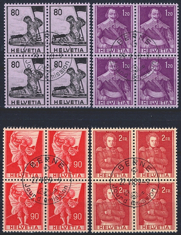 Schweiz, Freimarken, Historische Bilder, Papieränderung, Nr. 339-342, im Viererblock, ET-Stempel BERNE f