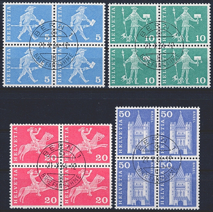 Schweiz, Freimarken, Rollenmarken mit Leuchtstoff, Nr. 355RL+ (4 Werte), im Viererblock, ET-Stempel BERN