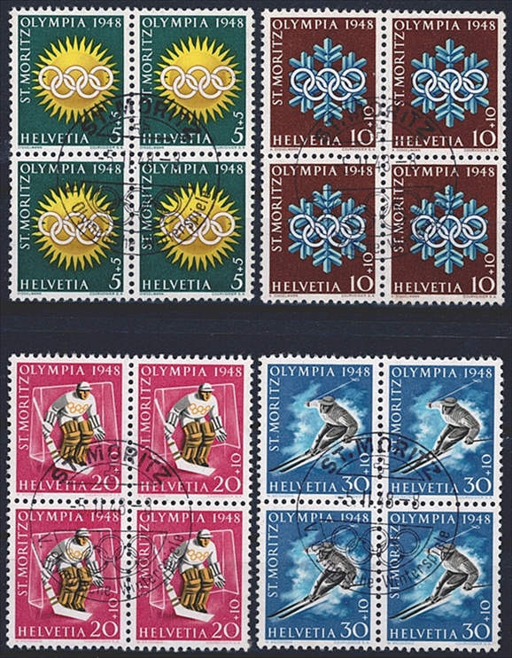 Schweiz, Zuschlagsausgaben, Nr.25w-28w, Olympiade St.Moritz 1948, im Viererblock, gestempelt ST.MORITZ