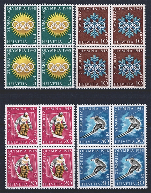 Schweiz, Zuschlagsausgaben, Nr.25w-28w, Olympiade St.Moritz 1948, im Viererblock