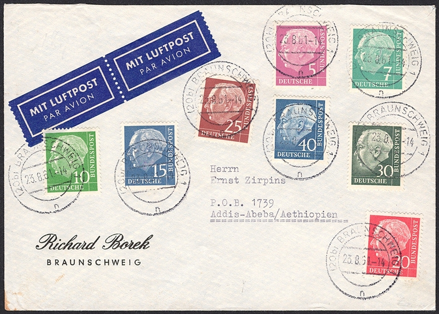 Deutschland, BRD, Freimarken, 186y+, Fluorpapier, 8 Werte auf Luftpostbrief nach Aethiopien, BRAUNSCHWEIG, Befund Schlegel