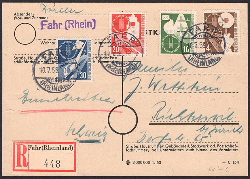 Deutschland, BRD, Nr.167-170, Verkehrsausstellung, komplette Serie, eingeschriebener Karte nach Rüschlikon, FAHR