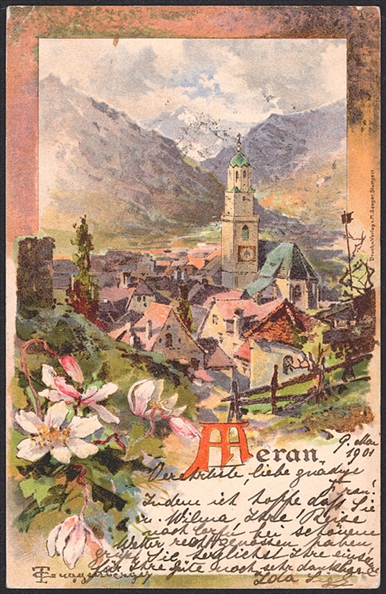 Lithographien Österreich, MERAN, 1901, minimer Eckbug