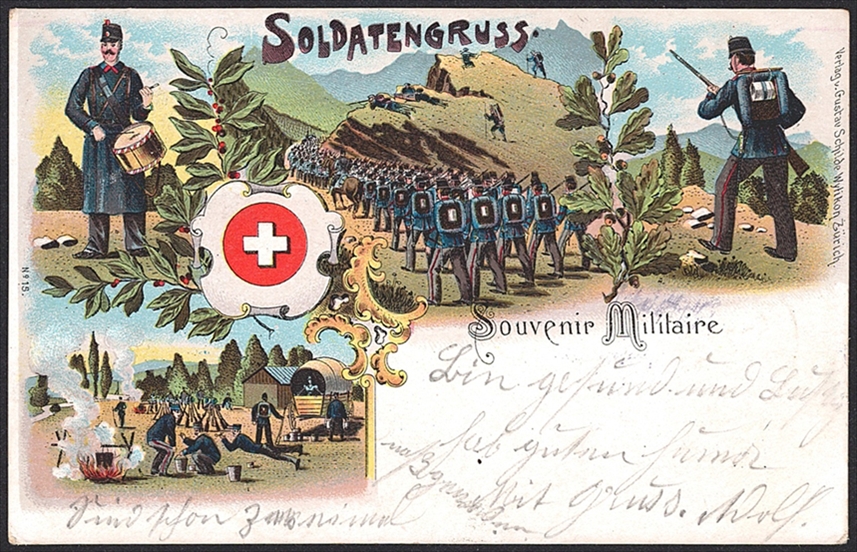Lithographien Schweiz, Militaria, Soldatengruss, 3 Bilder, 1901