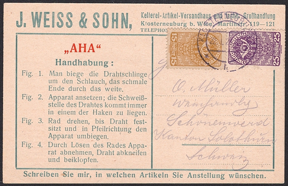 Österreich, Nr.262y/266x, Werbekarte nach Schönenwerd, KLOSTERNEUBURG