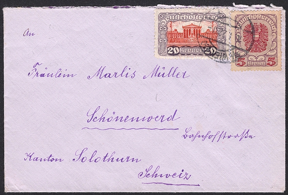 Österreich, Nr.291A/318ya, auf Brief nach Schönenwerd, WIEN