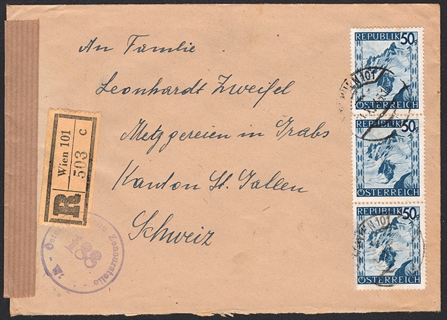 Österreich, Nr.760 im senkrechten 3er-Streifen auf zensuriertem Bedarfsbrief nach Grabs, WIEN